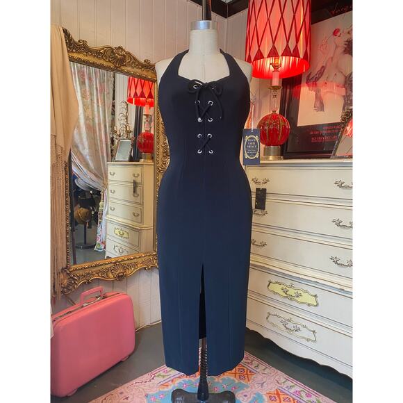vintage 1990s halter neck black bandage dress lace up karen lucas hourglass body - Picture 1 of 10
